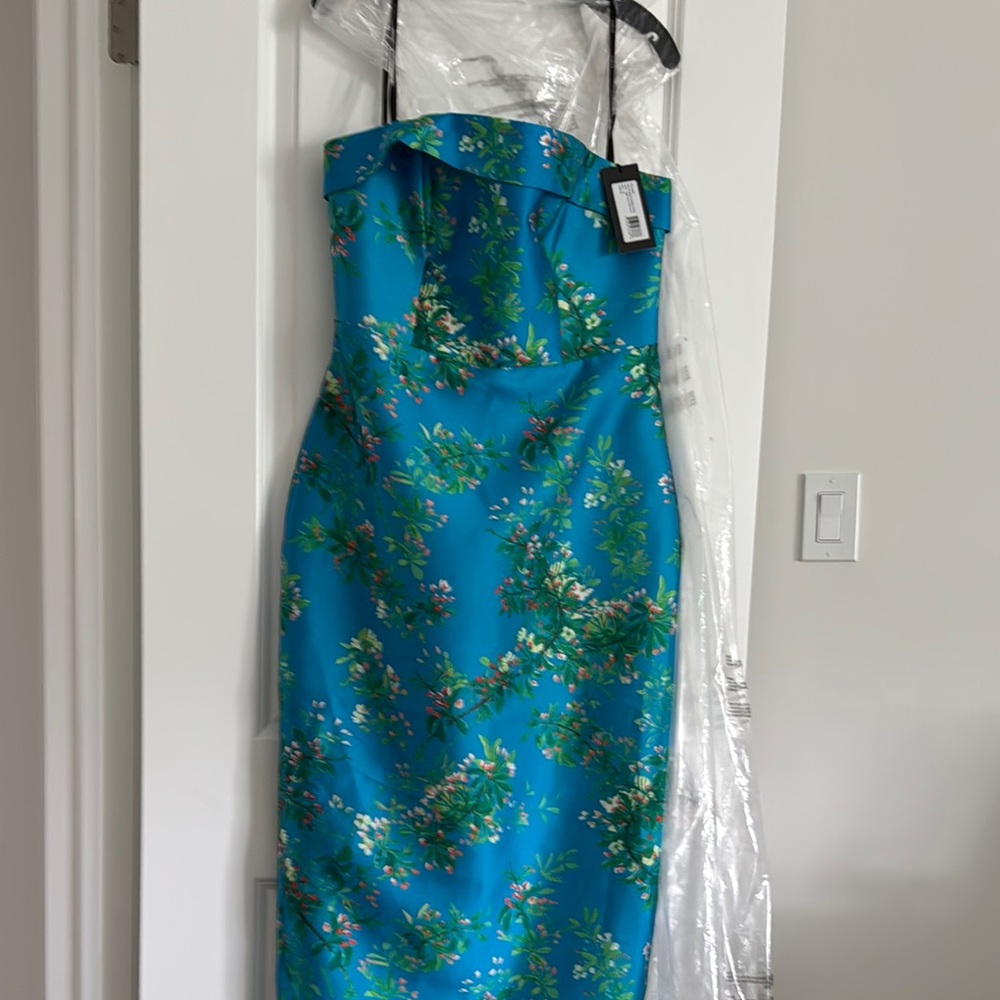 Theia Cleo Blue Sheath Cocktail strapless gown, High Noon Blossoms